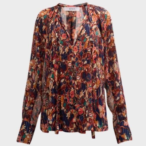 A.L.C. Frida Silk Top Semi Sheer Blouse Size 2 Port Wine Multi Billowy Flowy - Picture 10 of 10